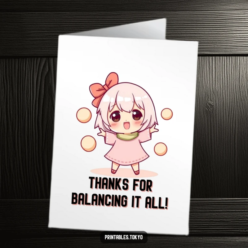 Funny free printable thank you card: A character happily juggles small, round mochi balls, conveying thanks with delight.