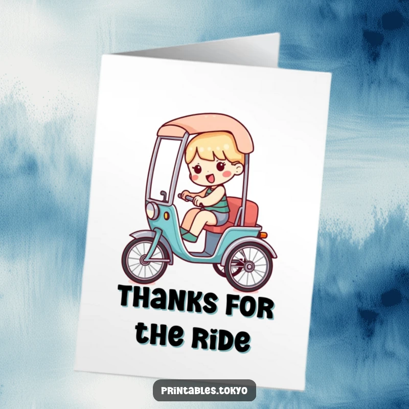 Funny Free Printable Thank You Card: Character happily riding in a miniature rickshaw, delivering thanks with a cheerful disposition.