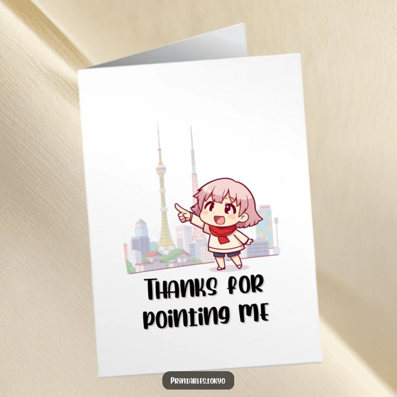 Funny Free Printable Thank You Card: Character enthusiastically pointing towards a radiant Tokyo skyline, conveying heartfelt appreciation.