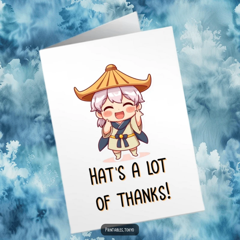 Funny Free Printable Thank You Card: Character in a traditional Japanese hat striking a funny pose to say thanks.