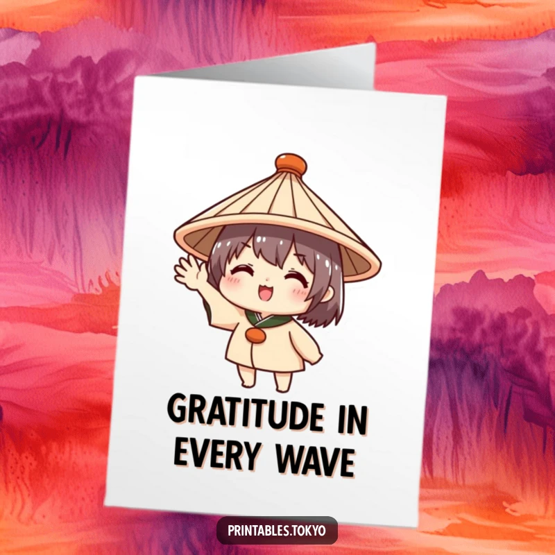 Funny Free Printable Thank You Card: A cute character wearing a traditional Japanese hat waves enthusiastically, expressing thanks warmly.