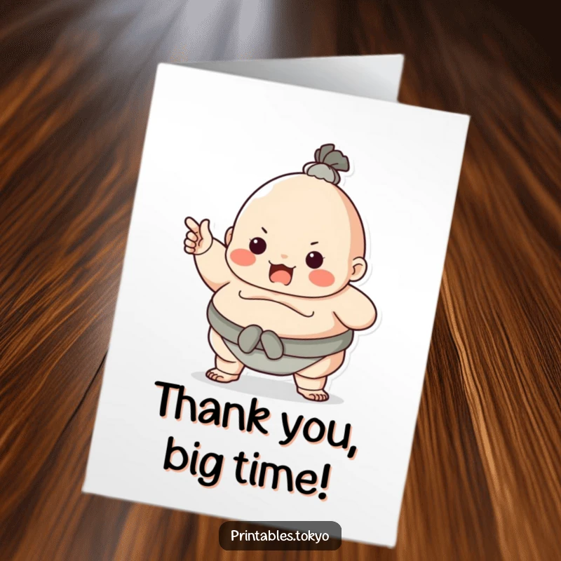 Funny Free Printable Thank You Card: Character dressed as a sumo wrestler, playfully pointing with a strong and thankful stance.