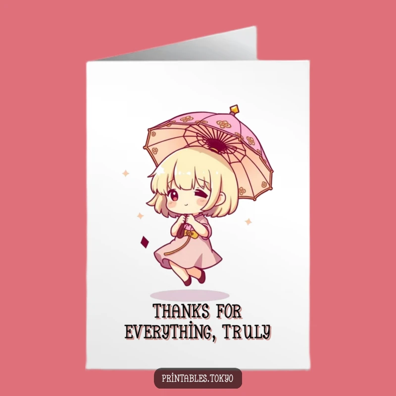 Free Printable Thank You Card: Bouncing Umbrella Character, Humorous Downloadable Gift