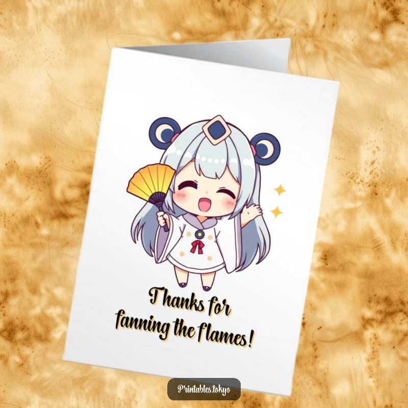 Funny Free Printable Thank You card of a character excitedly waving a small, colorful fan, conveying a heartfelt and humorous thank you.