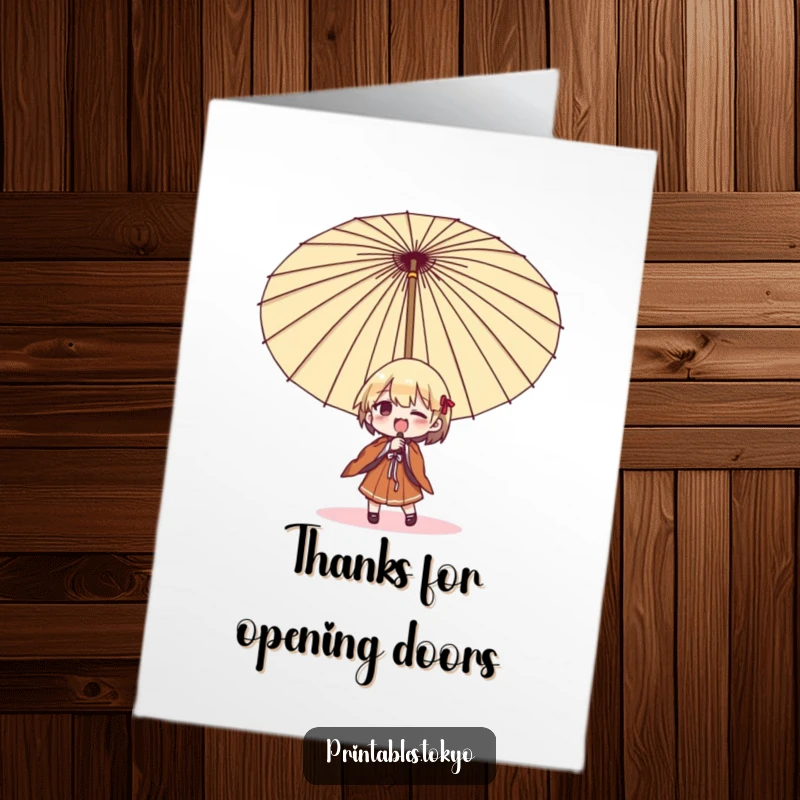 Funny Free Printable Thank You Card: Character humorously struggling with a massive Japanese umbrella, a funny way to say thanks.