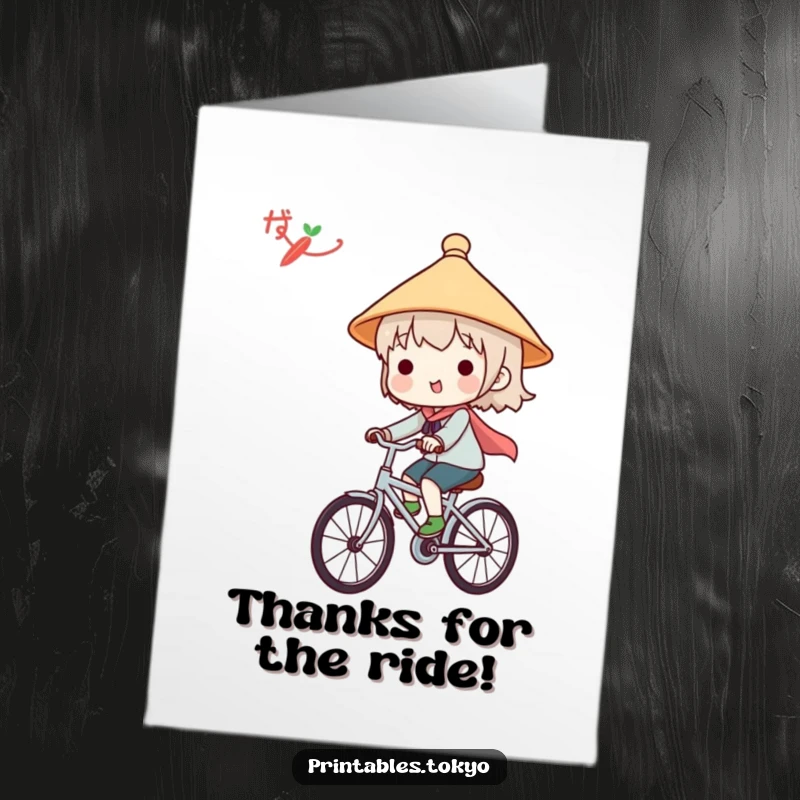 Funny Free Printable Thank You Card: Sweet character in a Japanese hat, riding a bike to deliver heartfelt thanks.