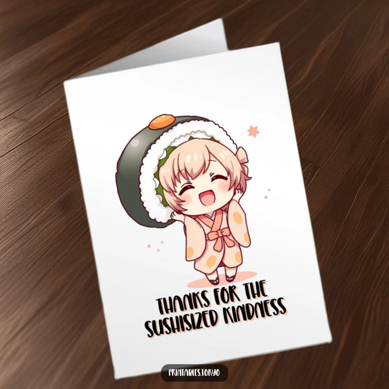Funny Free Printable Thank You Card: Character in a kimono joyfully holding a giant sushi roll, expressing thanks with joy, print at home.