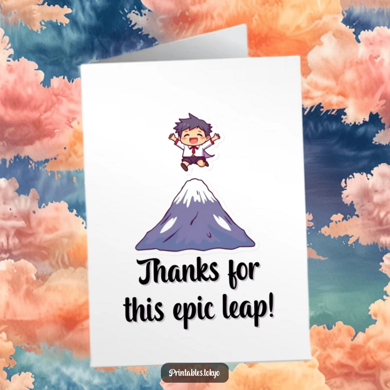 Funny free printable thank you card featuring a character joyfully leaping over Mount Fuji, conveying heartfelt thanks.