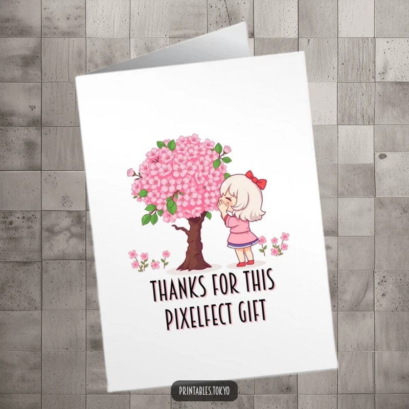 Funny free printable thank you card of a character looking up in wonder at an enormous, colorful, pixelated cherry blossom arrangement.