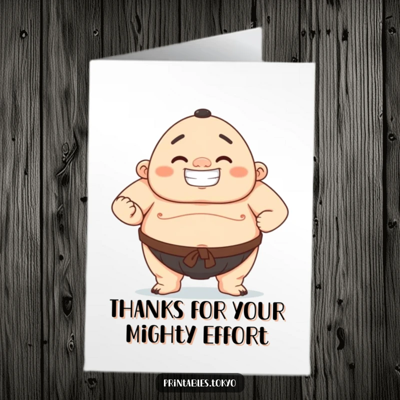 Funny free printable thank you card depicting a proud sumo wrestler giving a satisfied grin, embodying strength and appreciation.