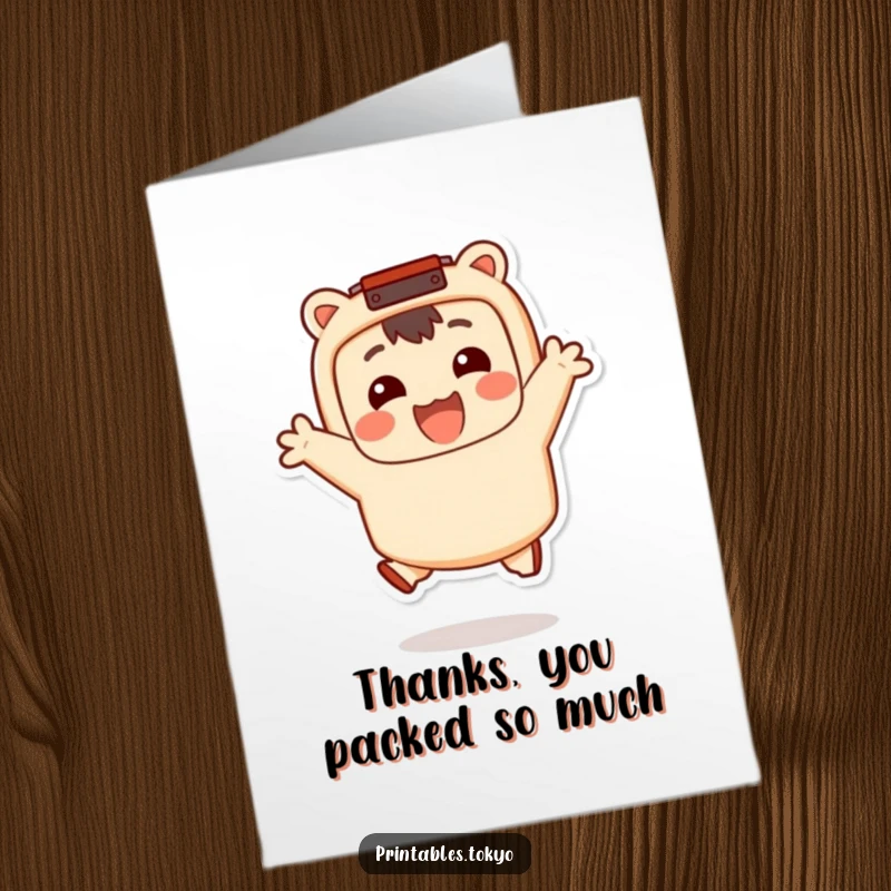 Funny Free Printable Thank You Card with a smiling character wearing a bento box accessory, joyfully jumping to show thanks.