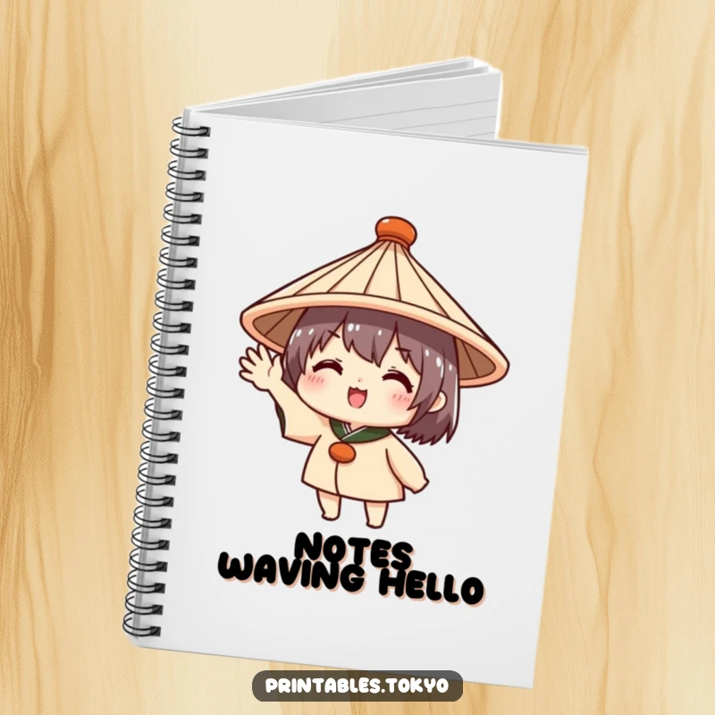Funny notebook with a cute character in a traditional Japanese hat, enthusiastically waving, perfect for capturing friendly notes and greetings.