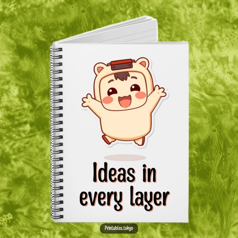 Funny Notebook: A smiling character with a bento box accessory jumps happily, inspiring food ideas and creative writing in this humorous journal.