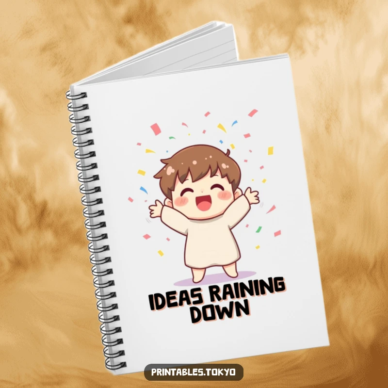 Funny notebook with a cheerful character joyfully tossing colorful confetti, ideal for writing down thoughts and party plans.