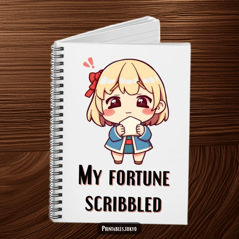Funny notebook featuring a character's confused expression while holding a fortune cookie, perfect for jotting down thoughts and ponderings.