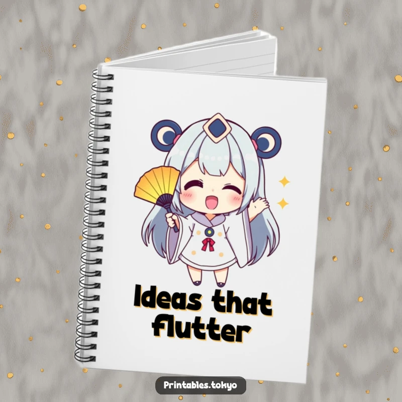 Funny Notebook: A character excitedly waves a small, colorful fan, perfect for note-taking with a dose of vibrant humor.