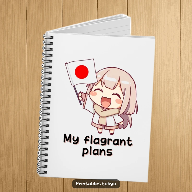 Funny notebook featuring a lively character enthusiastically waving a small Japanese flag, encouraging note-taking and creative expression.