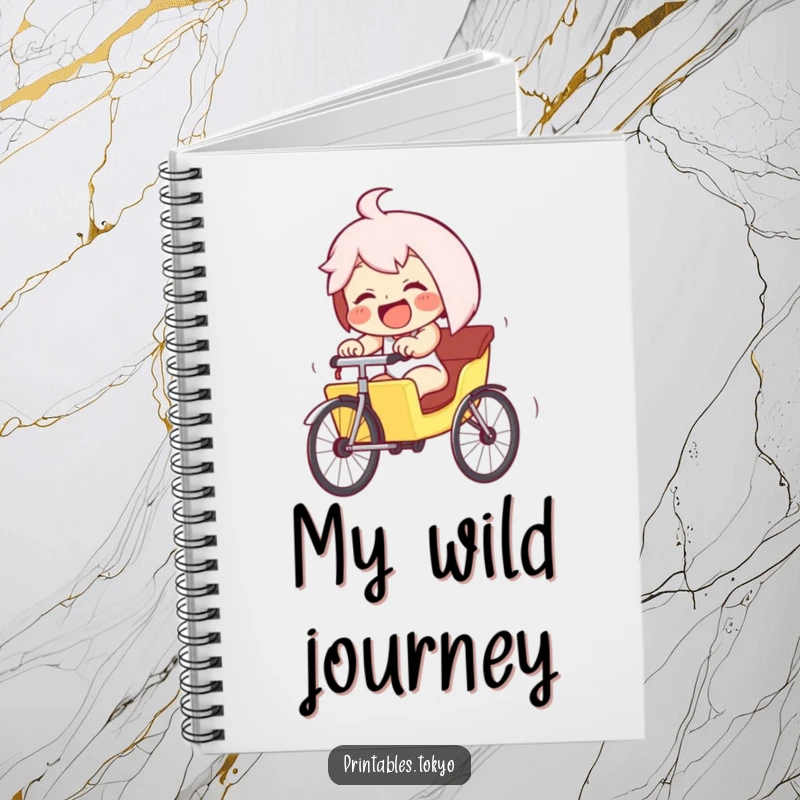 Funny giggling character in a tiny rickshaw, pedaling furiously downhill, on a notebook. Perfect for writing and doodling with humorous speed.