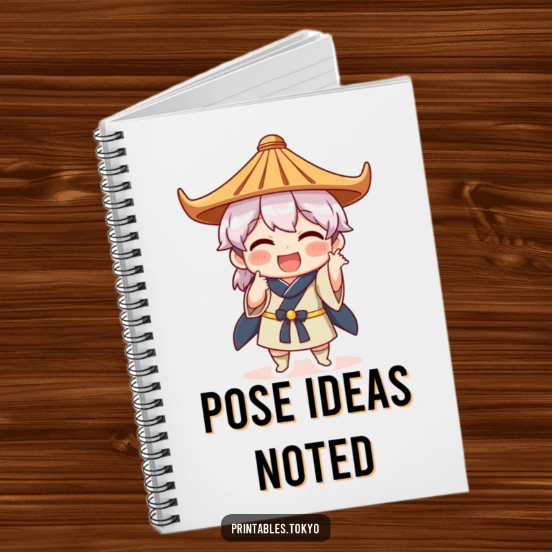 Funny notebook cover design of a character in a Japanese hat striking a comical pose, inspiring creativity and humor.