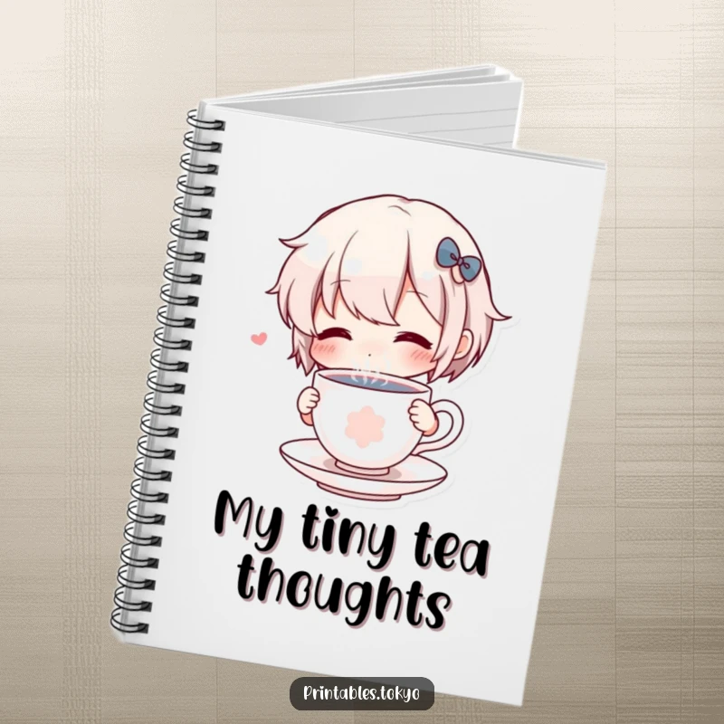 Funny Notebook: A character comically sips from a tiny, steaming teacup, ideal for jotting down notes with humor.