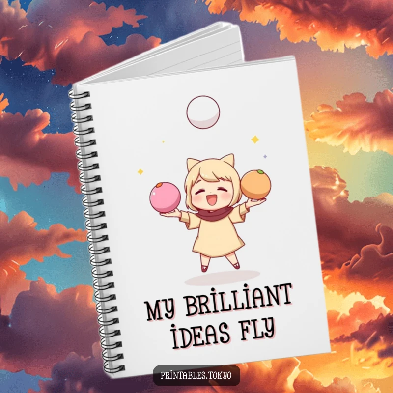 Funny notebook featuring a character juggling colorful mochi balls, ideal for creative note-taking.
