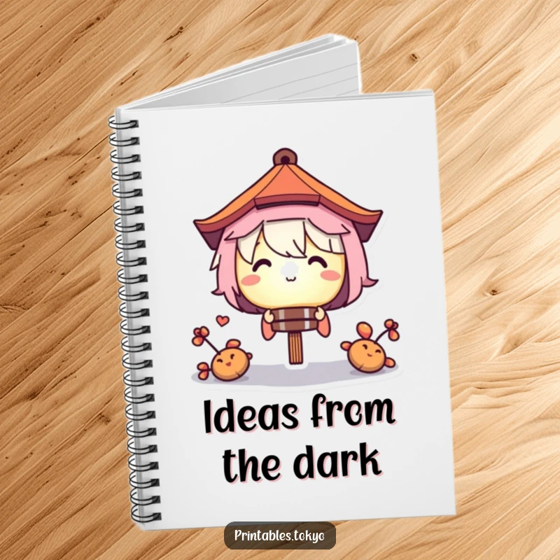 Funny notebook cover with an illustration of a character peeking from behind a softly lit paper lantern, ideal for journaling secrets.