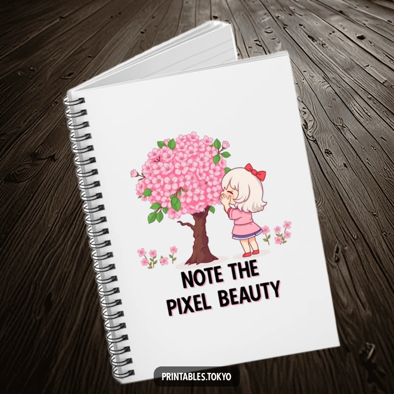 Funny notebook cover depicting a character admiring a giant, pixelated bouquet of cherry blossoms.