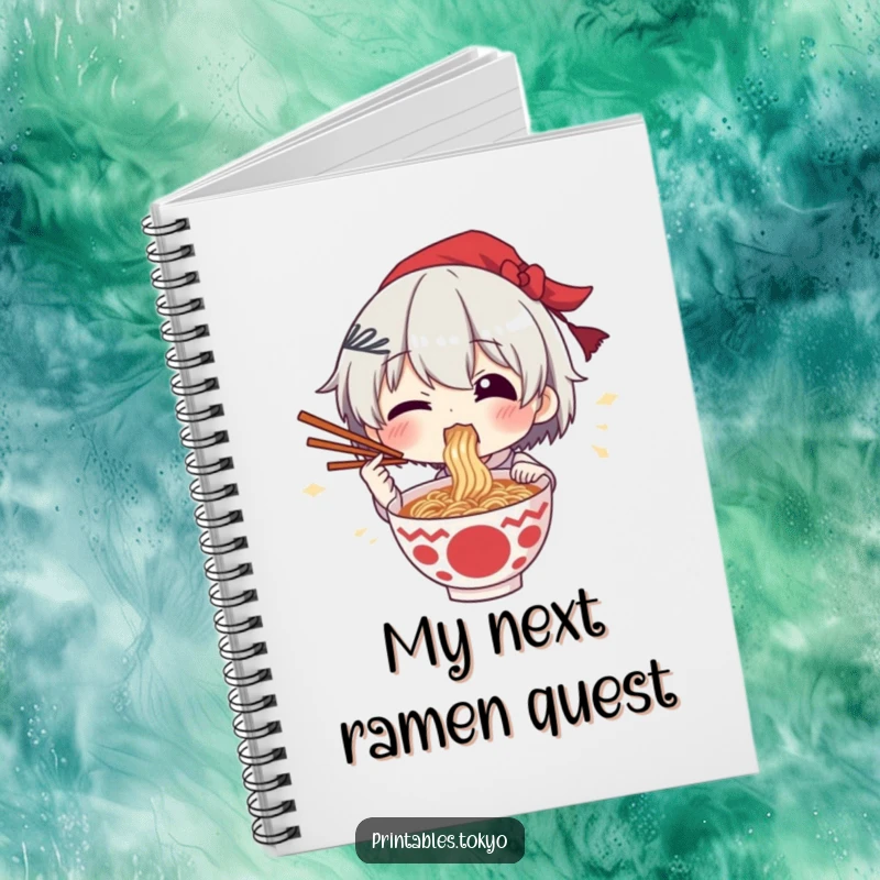 Funny notebook cover depicting a character excitedly eating ramen with chopsticks held high.