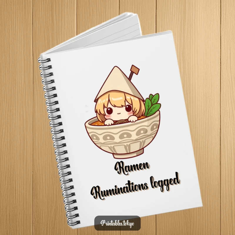 Funny notebook with a cute character in a paper hat peeking from a ramen bowl, encouraging creative writing and note-taking.