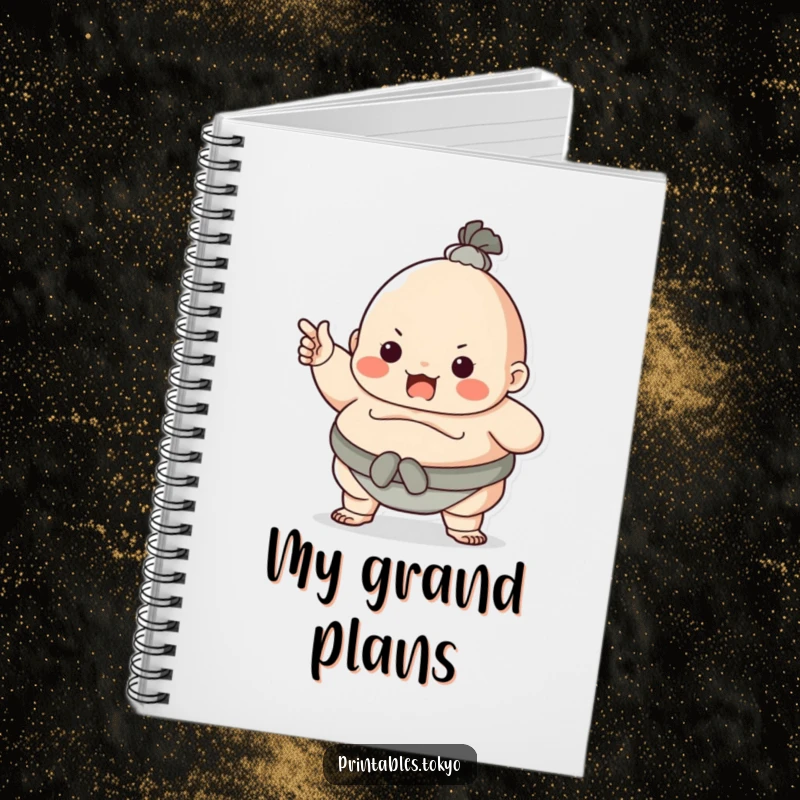 Funny character dressed as a sumo wrestler, playfully pointing, on a notebook. Perfect for writing and doodling with bold humor.