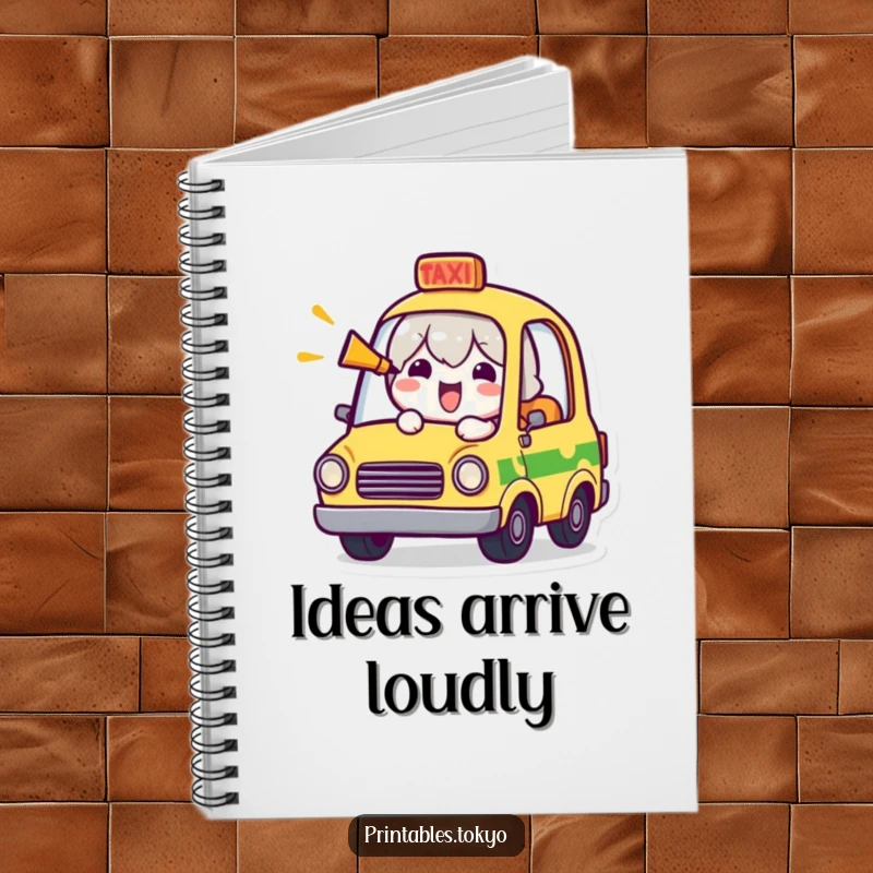 Funny notebook cover showing a cheerful character in a small taxi, enthusiastically honking the horn with a funny expression.