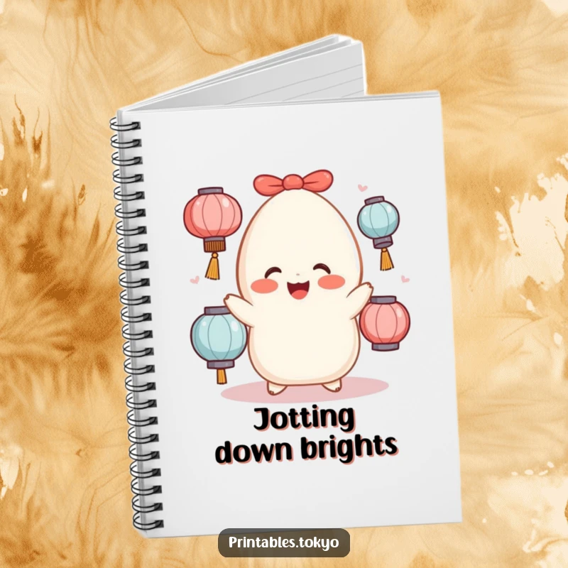 Funny cheerful mochi character juggling lanterns, featured on the cover of a creative and fun notebook.