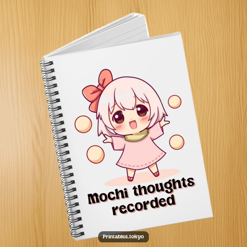 Funny notebook featuring a cheerful character happily juggling small, round mochi balls, encouraging creative writing and note-taking.