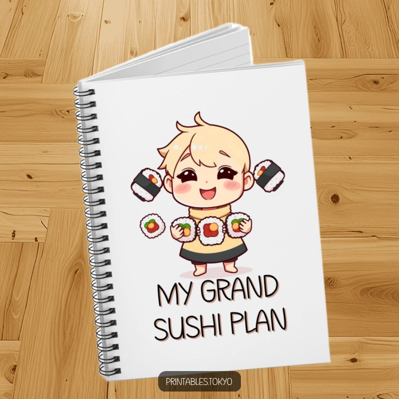 Funny Notebook featuring a joyful character juggling three delectable sushi rolls, perfect for jotting down funny ideas.
