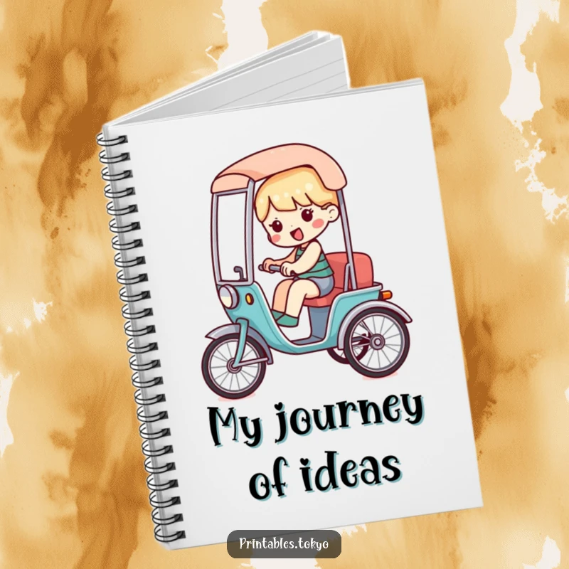 Funny notebook featuring a character riding in a miniature, stylized rickshaw, ideal for creative notes.