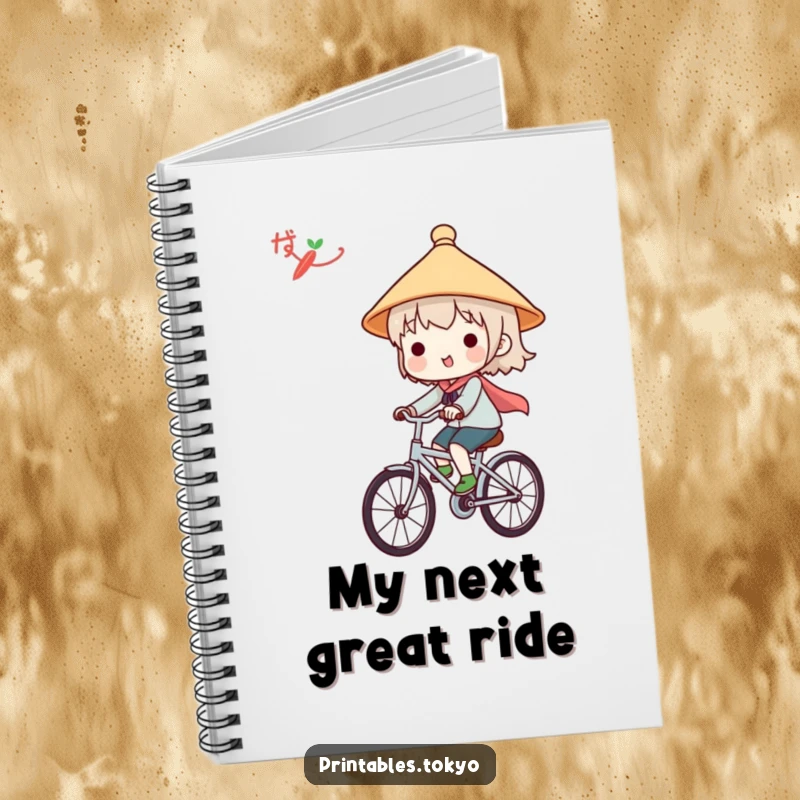 Funny notebook with a cute character in a Japanese hat, happily riding a bicycle, ideal for capturing thoughts and doodles.
