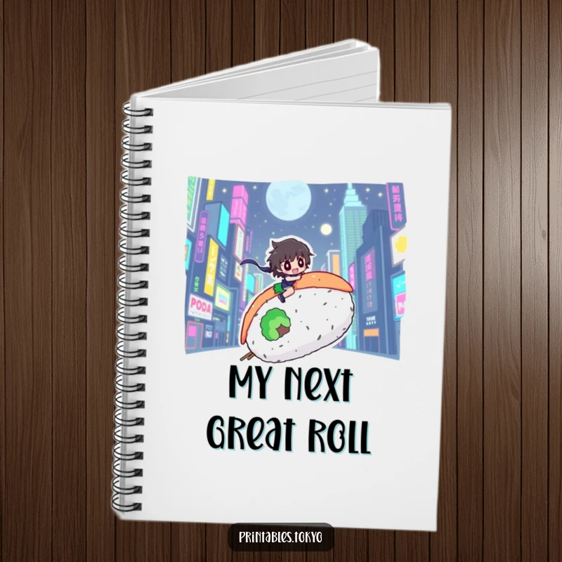 Funny notebook cover with a character riding a giant sushi roll through a neon city, inspiring creativity.