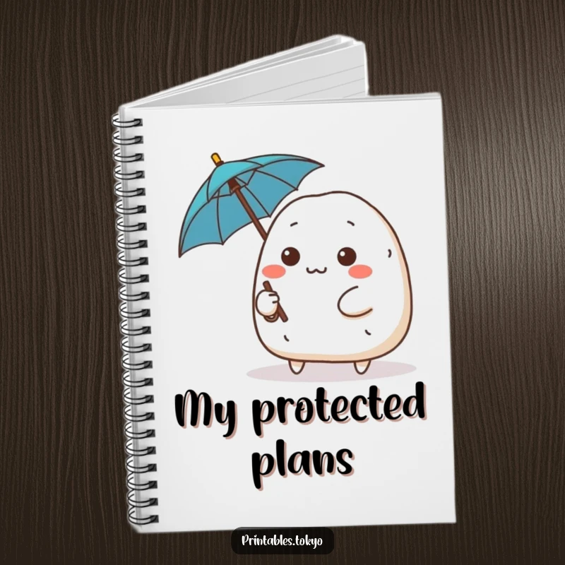 Funny cute onigiri character with a determined expression wielding a tiny umbrella, brave notebook, determined and inspiring cover design.