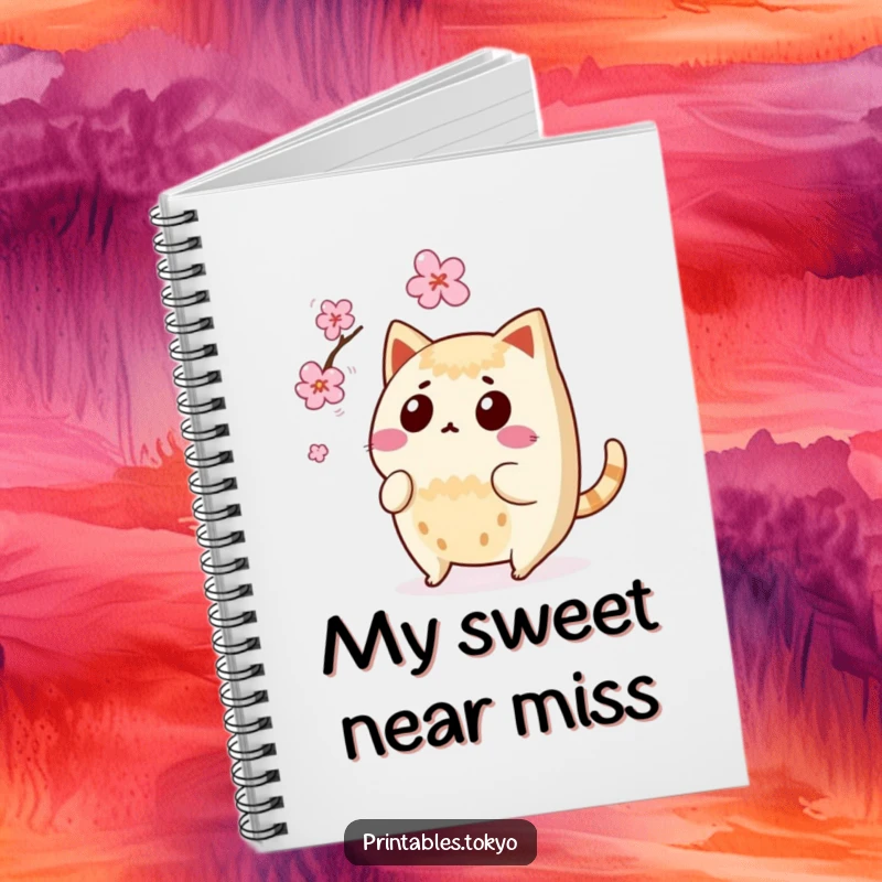 Funny surprised taiyaki character with wagging tail, narrowly avoiding a falling cherry blossom, on a creative notebook.