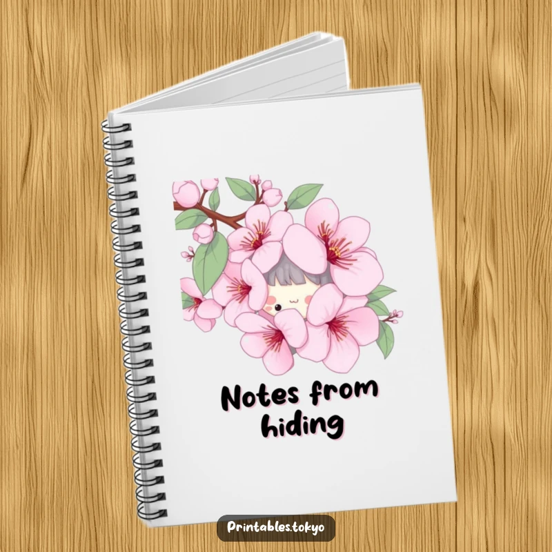 Funny notebook with a playful character peeking from behind a stylized cherry blossom, ideal for capturing spring thoughts.