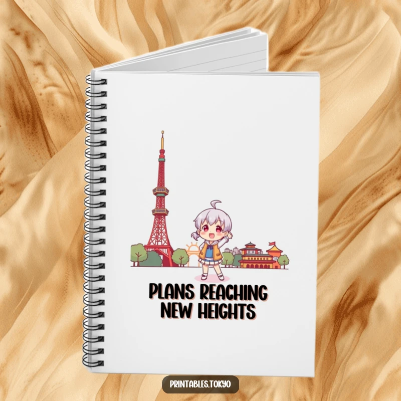 Funny notebook cover with a character playfully posing before a stylized Tokyo Tower, ideal for jotting notes.