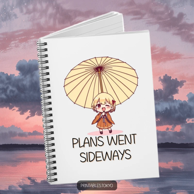 Funny umbrella struggle notebook, featuring a character comically fighting a large Japanese umbrella, for noting down thoughts and ideas.