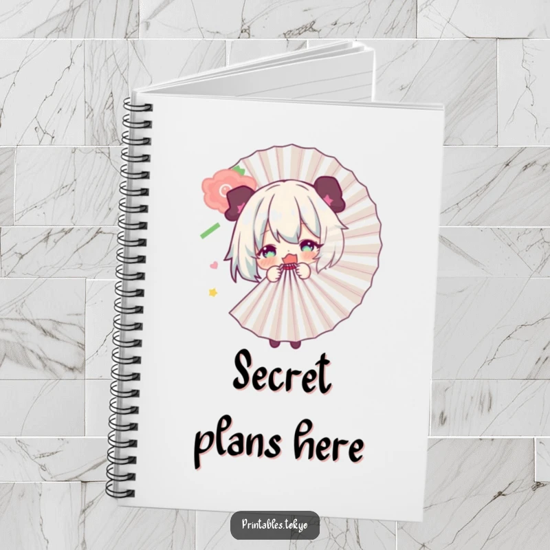 Funny notebook featuring a character playfully hiding behind a large fan, perfect for jotting down notes with a shy, charming feel.
