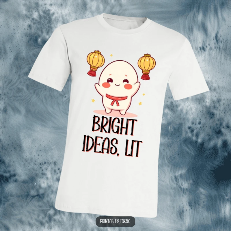Funny t-shirt featuring a cheerful mochi character with rosy cheeks, juggling multiple illuminated lanterns, capturing a moment of playful skill.