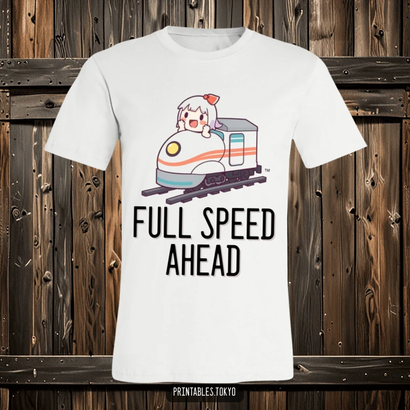 Funny t-shirt design of a cute character having a blast riding a miniature bullet train at full speed.
