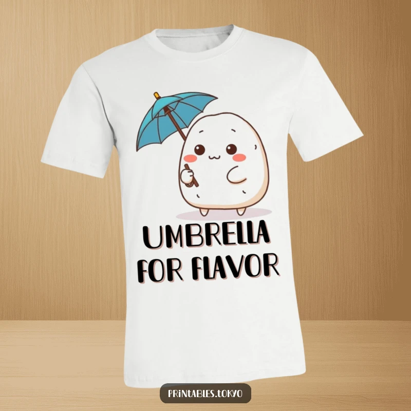 Funny cute onigiri character with a determined expression wielding a tiny umbrella, brave and ready t-shirt, whimsical food design.