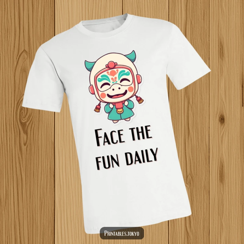 Funny t-shirt design of a character in a small festival mask making a silly, funny face, full of mischief.