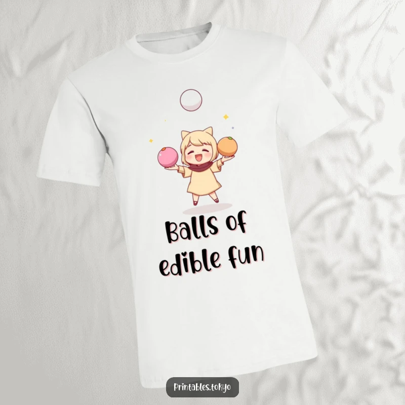 Funny t-shirt showcasing a character skillfully juggling three brightly colored mochi balls, full of energy.