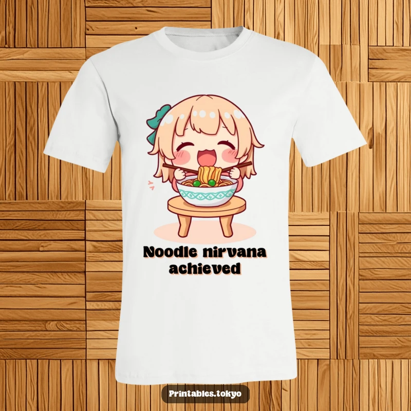 Funny t-shirt illustration of a character thoroughly enjoying every bite of a steaming bowl of noodles.