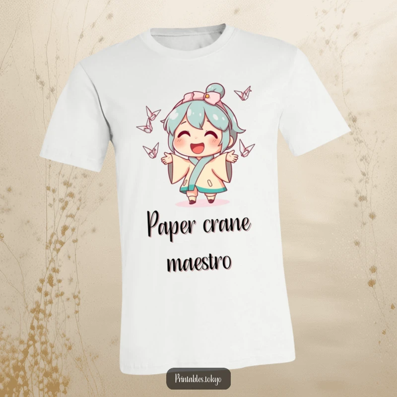 Funny t-shirt print of a cheerful character skillfully juggling a pile of tiny, colorful origami cranes with a wide, happy smile.